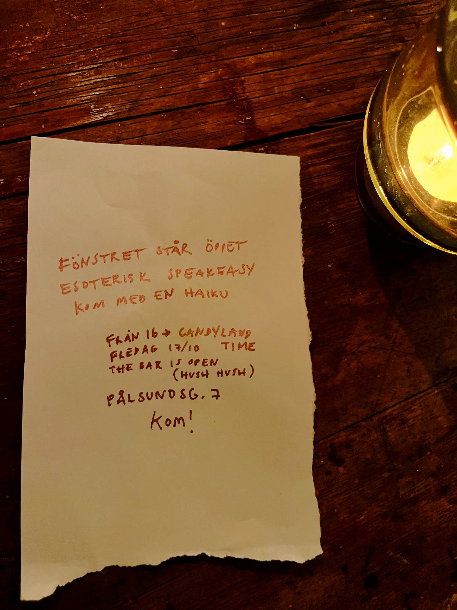 Esoterisk Speakeasy - Fönstret står öppet, kom med en haiku. Från 16 Candyland, Fredag 17/10, Pålsundsg. 7